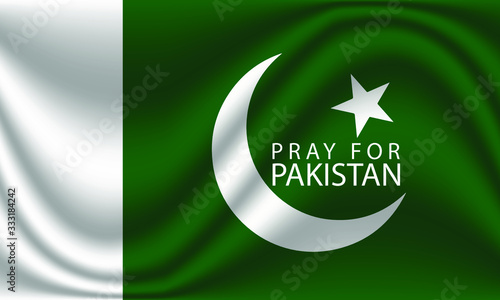 Pray for Pakistan is written on wrinkled Pakistani flag, Vector illustration.