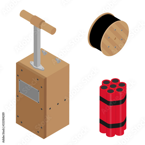Blasting Machine or detonator box, dynamite sticks and black wire electric cable reel isolated on white background isometric view vector set.