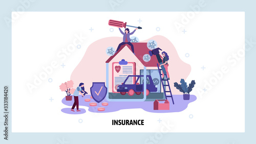 House  car and medical insurance. Health and life insurance concept. Home repair. Vector web site design template. Landing page website illustration