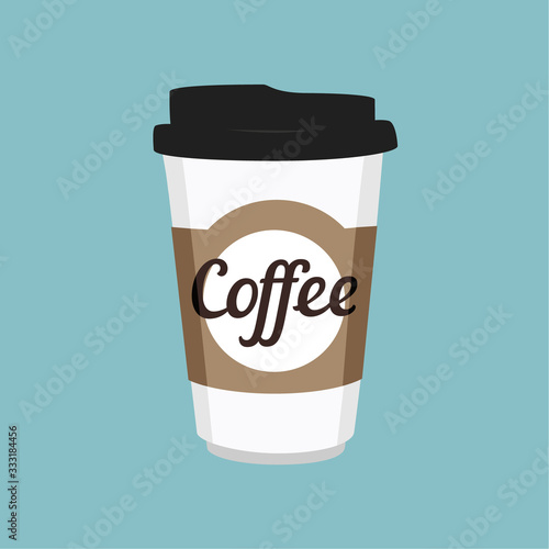 Vector illustration disposable coffee cup icon on blue background. Coffee cup logo