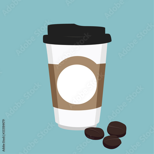 Vector illustration disposable coffee cup icon with coffee beans on blue background. Coffee cup logo