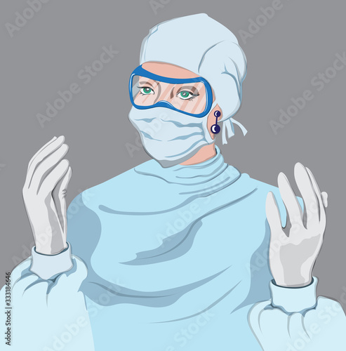 Doctor woman equipped Vector. Virus pandemic working medical stuff. Young woman wearing a disposable coverall with gloves, mask and eye protection glasses