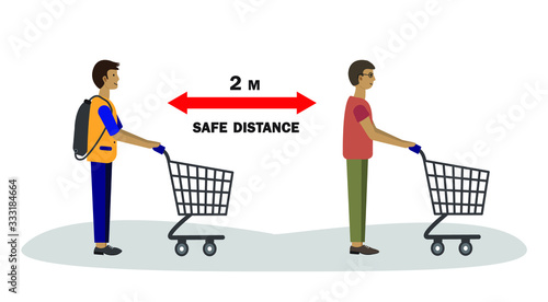Social distancing in the shop, 2 meters safe distance. Virus prevention, protection against coronavirus and flu infection. Vector stock illustration, banner, poster.