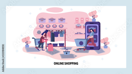 Women buy clothes in fashion store. Online shopping concept. Season sales  accessories shop. Vector web site design template. Landing page website illustration