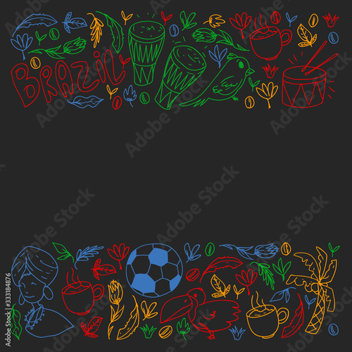 Rio de janeiro Brazil. Vector pattern with national symbols.