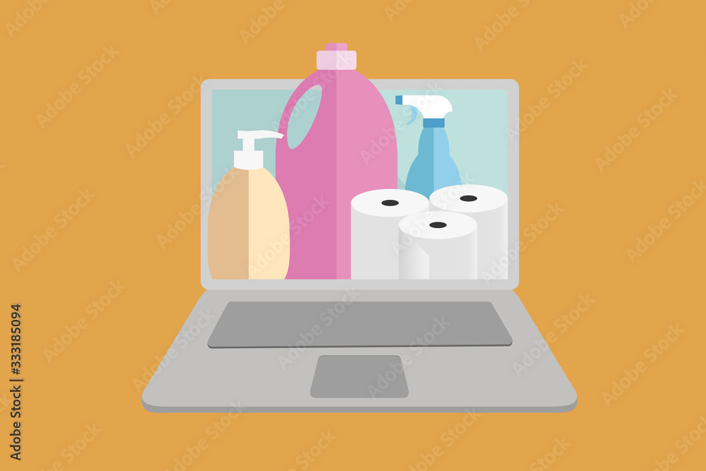 Shop online from home. Laptop screen with household cleaning items and products order for delivery. Shopping supplies online. Hand drawn vector in simple flat style. Isolation at home. Stay home Shop online from home. Laptop screen with household cleaning items and products order for delivery. Shopping supplies online. Hand drawn vector in simple flat style. Isolation at home. Stay home