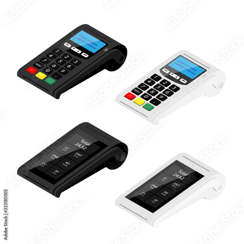 New modern smart pos terminals and POS terminal payment machines isolated on white background