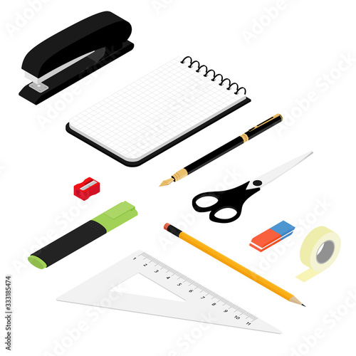 Isometric office stationery set. Collection includes adhesive tape, stapler, ruler, scissors, pen, eraser, marker,  sharpener