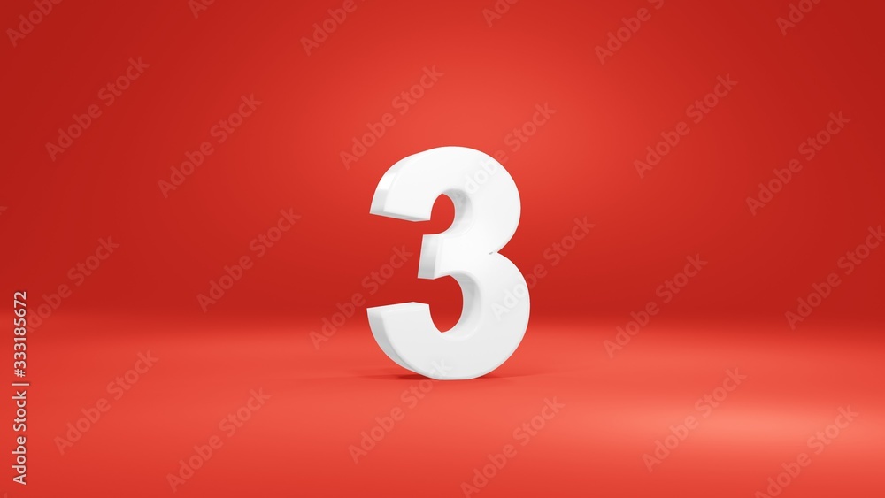 Number 3 in white on red background, isolated number 3d render Number 3 in white on red background, isolated number 3d render