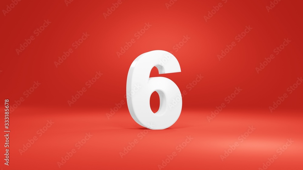 Number 6 in white on red background, isolated number 3d render