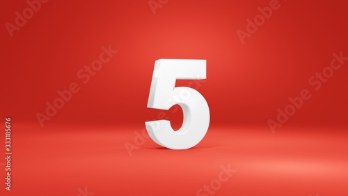 Number 5 in white on red background, isolated number 3d render