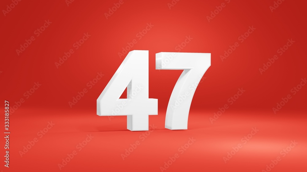 Number 47 in white on red background, isolated number 3d render Number 47 in white on red background, isolated number 3d render