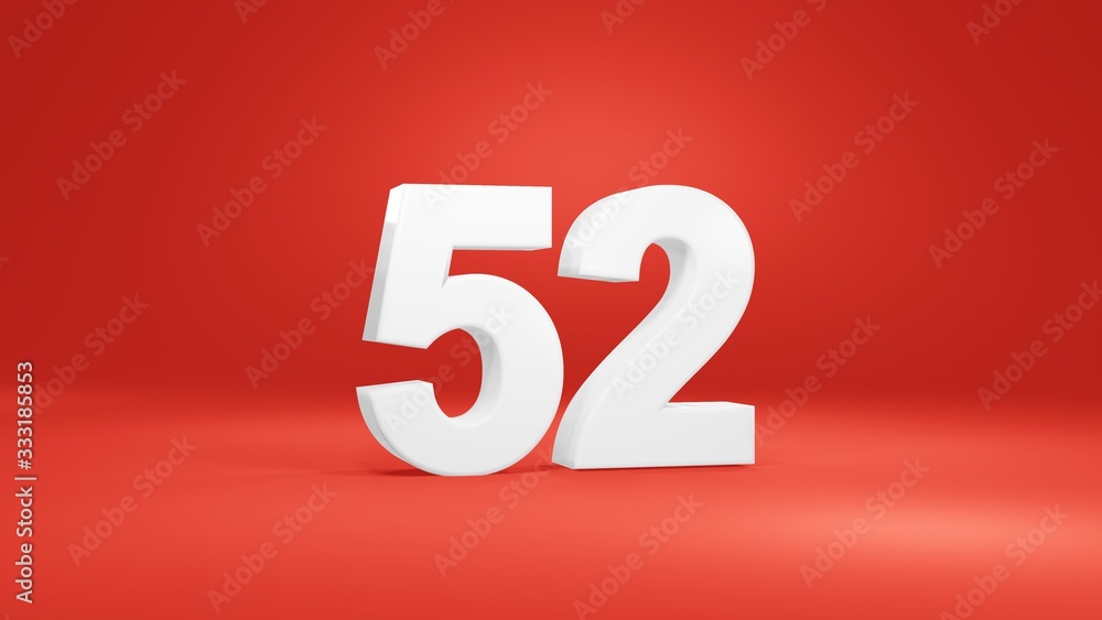 Number 52 in white on red background, isolated number 3d render Stock