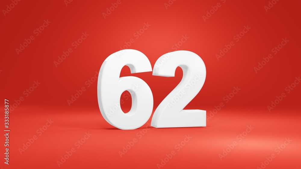 Number 62 in white on red background, isolated number 3d render Number 62 in white on red background, isolated number 3d render