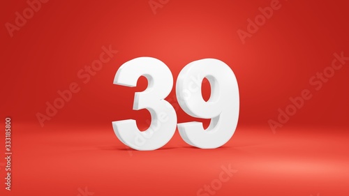 Number 39 in white on red background, isolated number 3d render