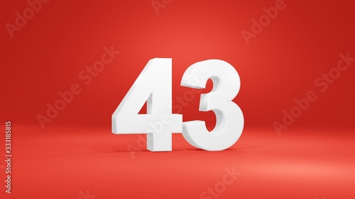 Number 43 in white on red background, isolated number 3d render