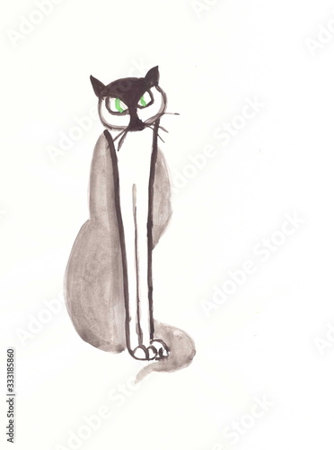 Drawing with watercolors: Gray cat with green eyes.
