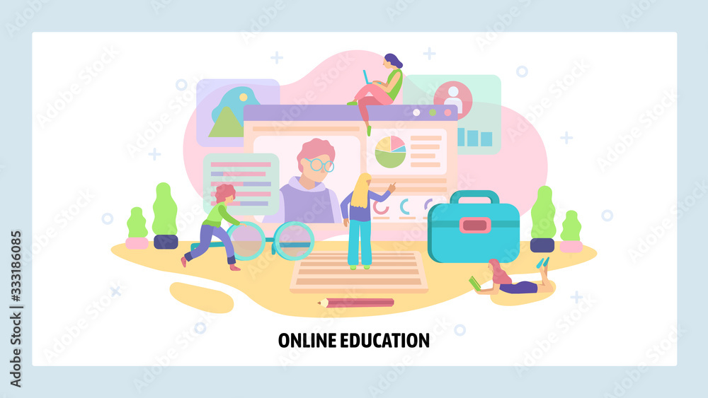 Online children education concept. Teacher on a screen and pupils in class. Home education. Vector web site design template. Landing page website illustration Online children education concept. Teacher on a screen and pupils in class. Home education. Vector web site design template. Landing page website illustration
