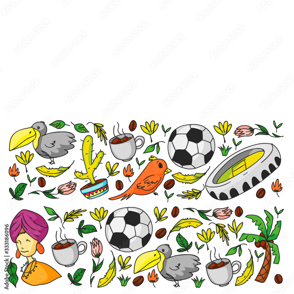 Fototapeta premium Brazil vector pattern with national symbols. Background for posters, coloring pages, books.