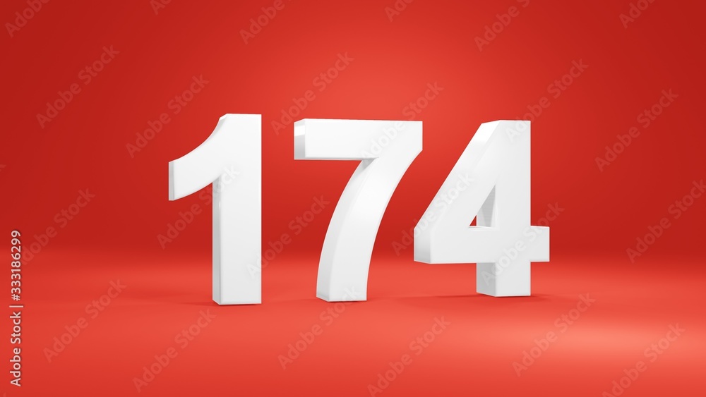 Number 174 in white on red background, isolated number 3d render Number 174 in white on red background, isolated number 3d render