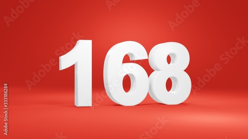 Number 168 in white on red background, isolated number 3d render