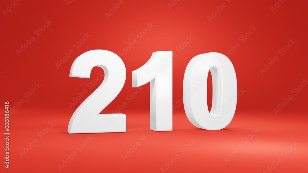 Number 210 in white on red background, isolated number 3d render Number 210 in white on red background, isolated number 3d render