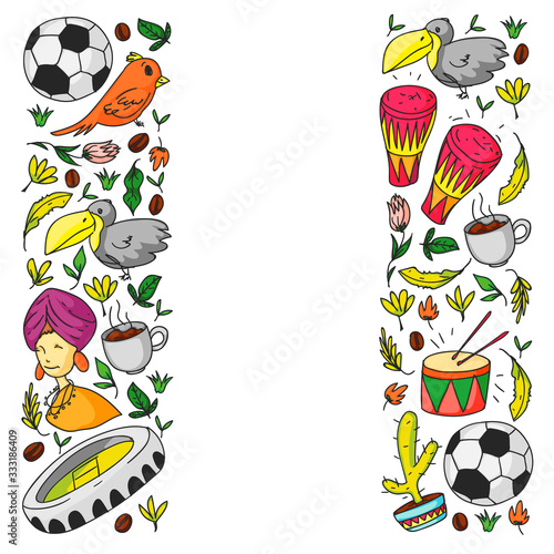 Brazil vector pattern with national symbols. Background for posters, coloring pages, books.