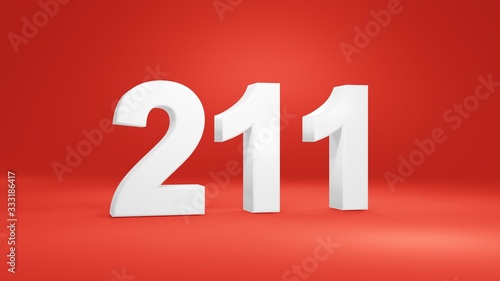 Number 211 in white on red background, isolated number 3d render