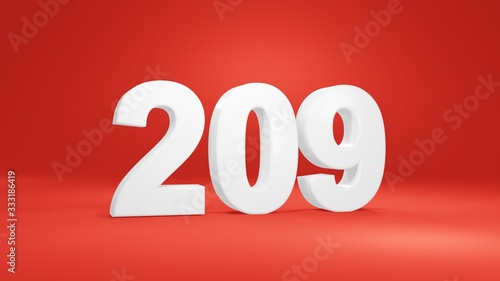 Number 209 in white on red background, isolated number 3d render