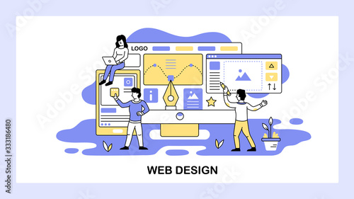 Team of designers develop new project. Web design and digital graphic concept. Drawing, logo, wireframe. Vector web site design template. Landing page website illustration
