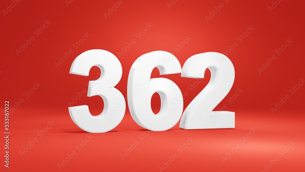 Number 362 in white on red background, isolated number 3d render