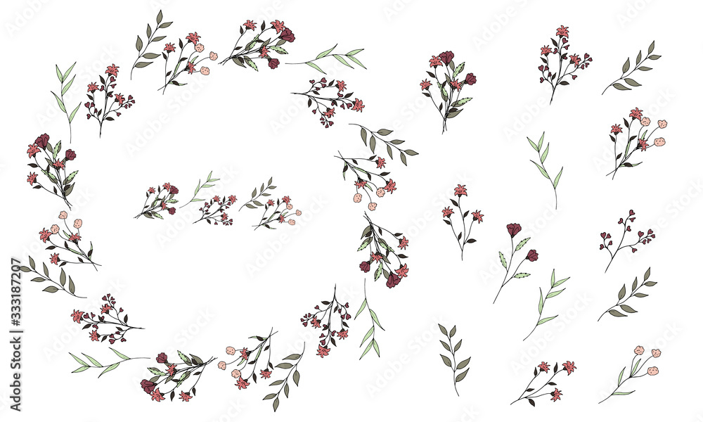 Set of decorative wreath of cute simple flowers and branches in doodle style on a white background. Wildflowers. Pastel calm colors. Isolated objects.