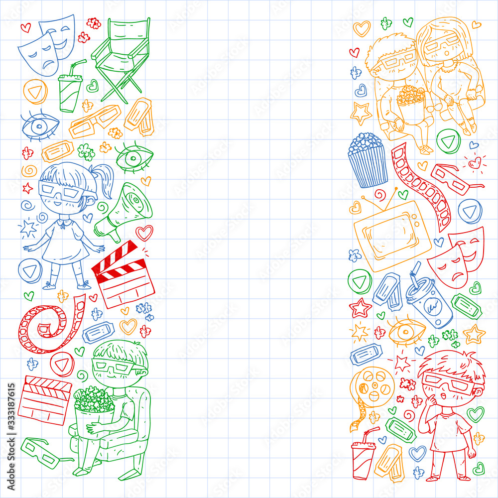 Online internet cinema pattern with vector icons for wrapping paper, posters, banners, leaflets. 3d movie, tv, musical. Online internet cinema pattern with vector icons for wrapping paper, posters, banners, leaflets. 3d movie, tv, musical.