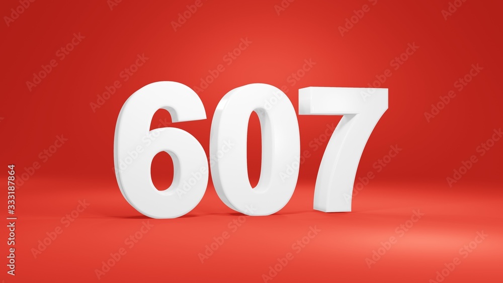Number 607 in white on red background, isolated number 3d render Number 607 in white on red background, isolated number 3d render
