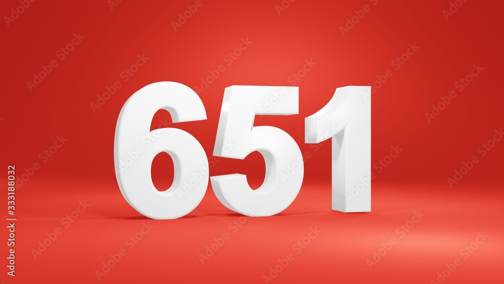 Number 651 in white on red background, isolated number 3d render Number 651 in white on red background, isolated number 3d render