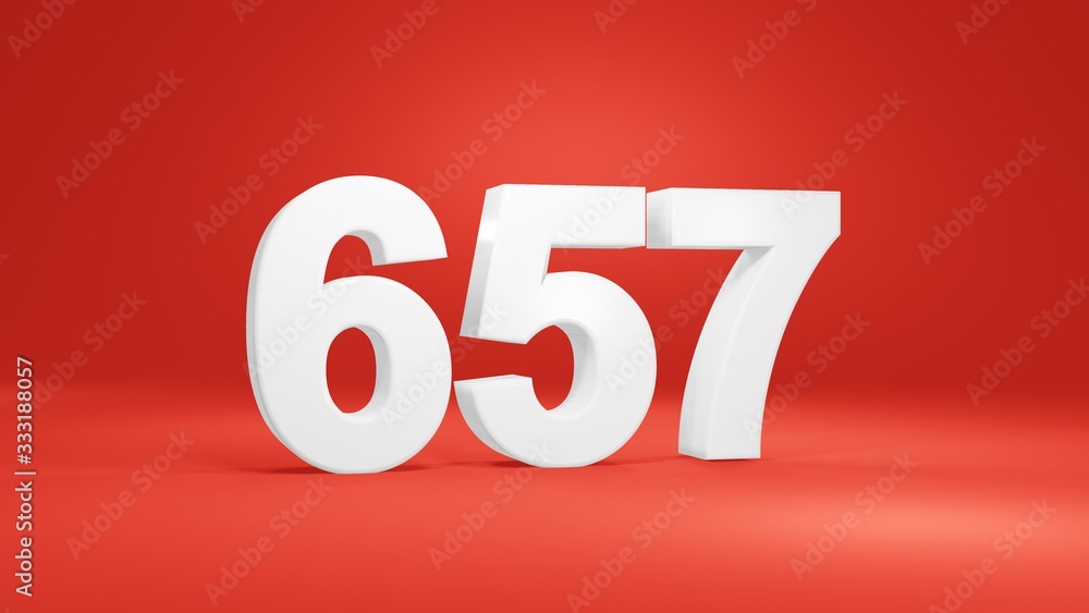 Number 657 in white on red background, isolated number 3d render Number 657 in white on red background, isolated number 3d render