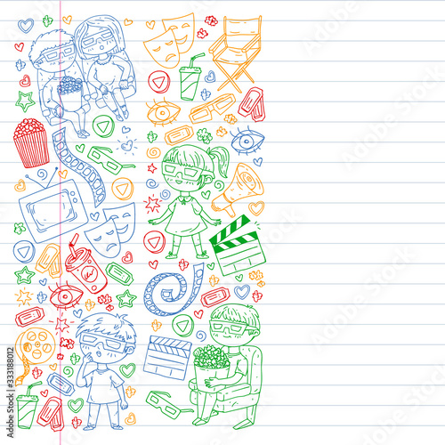 Cinema pattern with vector icons for wrapping paper, posters, banners, leaflets. 3d movie, tv, musical.