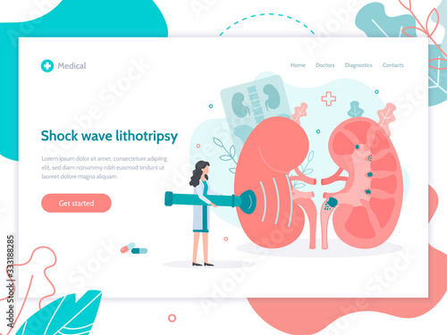 Shock wave lithotripsy. Splitting and removal of stones in the kidneys. Web banner design. Medical flat vector illustration.