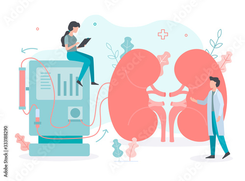 Conducting a dialysis procedure. Cleaning and transfusion of blood. Medical concept with tiny people. Flat vector illustration.