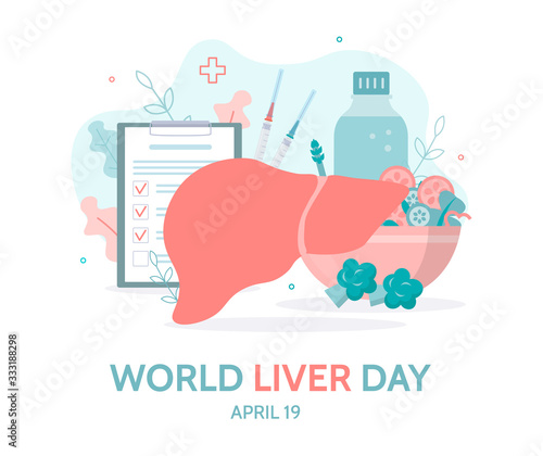 World Liver Day banner. Diagnostics and treatment of the liver. Medical concept. Flat vector illustration.