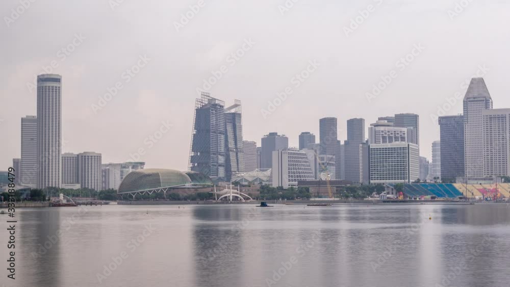 Skyline with skyscrapers of Marina Bay timelapse hyperlapse. With Esplanade world renowned performing arts centre. Its twin domes which looks like a durian Skyline with skyscrapers of Marina Bay timelapse hyperlapse. With Esplanade world renowned performing arts centre. Its twin domes which looks like a durian