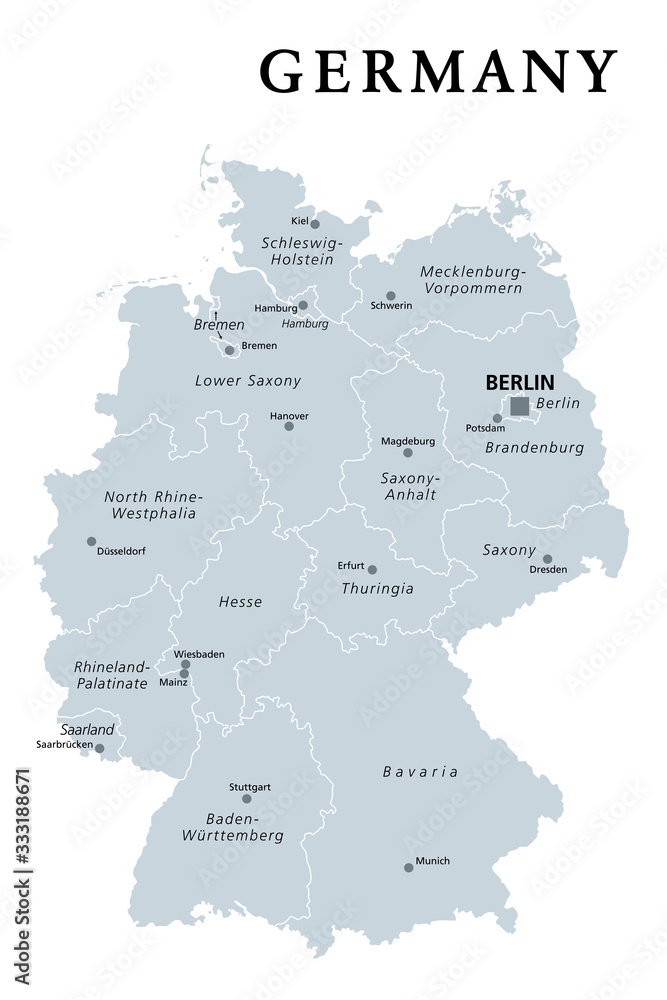 Germany, gray political map. States of the Federal Republic of Germany with capital Berlin and 16 partly-sovereign states. Country in Central and Western Europe. English labeling. Illustration. Vector