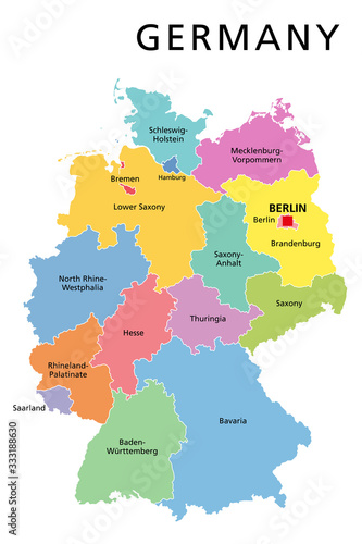 Germany political map. Multicolored states of Federal Republic of Germany with capital Berlin and 16 partly-sovereign states. Central and Western Europe country. English labeling. Illustration. Vector
