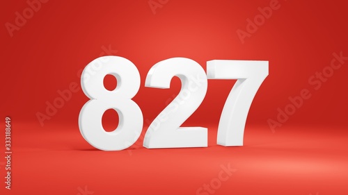Number 827 in white on red background, isolated number 3d render