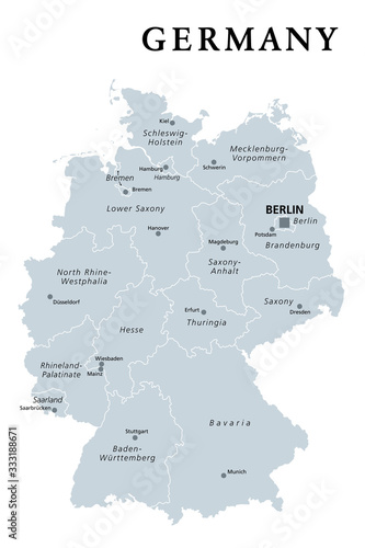 Germany, gray political map. States of the Federal Republic of Germany with capital Berlin and 16 partly-sovereign states. Country in Central and Western Europe. English labeling. Illustration. Vector