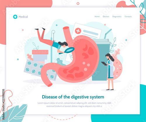 Diagnosis and treatment of gastritis. Stomach health medical concept. Landing design template. Flat vector illustration.