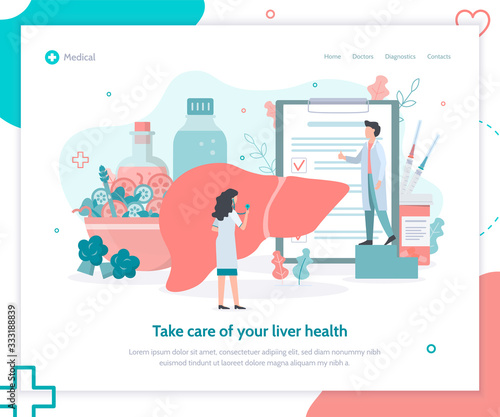 Liver health concept. Prevention of cirrhosis, hepatitis. Vaccination. Landing page design template. Flat vector illustration.