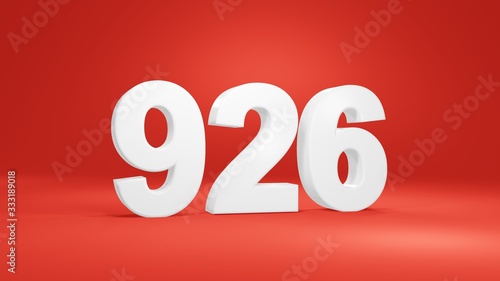 Number 926 in white on red background, isolated number 3d render