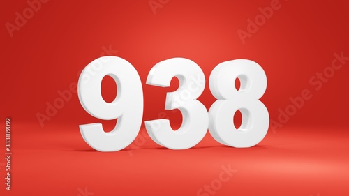 Number 938 in white on red background, isolated number 3d render