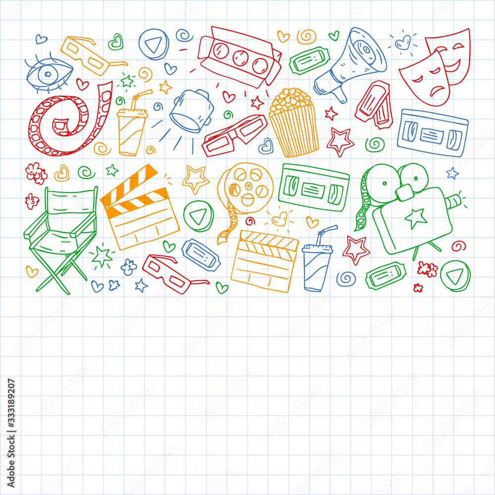 Online internet cinema pattern with vector icons for wrapping paper, posters, banners, leaflets. 3d movie, tv, musical. Online internet cinema pattern with vector icons for wrapping paper, posters, banners, leaflets. 3d movie, tv, musical.